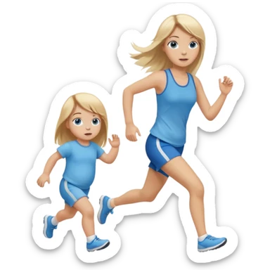 full length of a young woman with long straight dirty blonde hair, side bangs, and blue eyes. She is running behind a 1 year old baby girl sticker