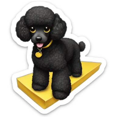 A black standard mini poodle with a yellow bandanateddy bear cut and a sticker