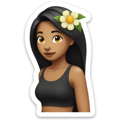 girl with long black hair, tan skin, wearing one flower on her head and wearing black tank top facing side way while looking down smiling sticker
