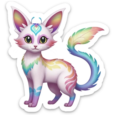 Pure-snow-White albino iridescent with pastel rainbow-gradients-color-markings with swirly patterns butterflies  faerie-Noivern-Noibat-Purloin-Torracat-Lykoi-Caracal-cat-Fakemon-fusion-hybrid-creature-jumping sticker
