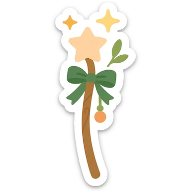 "A cute and magical wand with an elegant, whimsical design, incorporating a color palette of golden orange (FA9B41), forest green (4A7C5C), soft taupe brown (96775A), and pastel peach (FFCC9A). The wand is slender and slightly curved, made of smooth wood with delicate carvings. At the top, there's a glowing gem or star in peachy tones, surrounded by tiny sparkles. Decorative elements like a ribbon, tiny leaves, or a small charm add a cozy, storybook-like charm. The overall look is gentle, enchanting, and magical, perfect for a forest fairy or a kindhearted young wizard." sticker