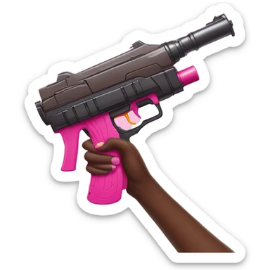 brown hand with pink nails holding large scary dark nerf gun sticker