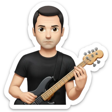 Oliver Riedel, bassist of Rammstein, tall and slim, short dark hair, calm expression, black shirt sticker