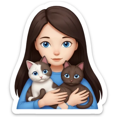 a girl with long dark 
brown hair, with blue eyes, hugs 3 different natural coloured cats sticker