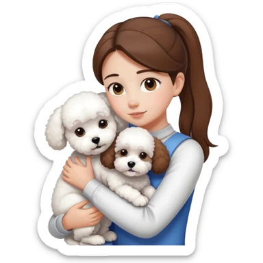 A girl with straight hair in a ponytail，hugging one Bichon frise sticker