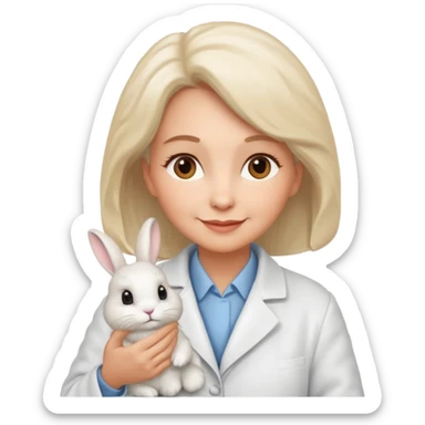 Older female vet – gentle smile, coat, checking rabbit  sticker