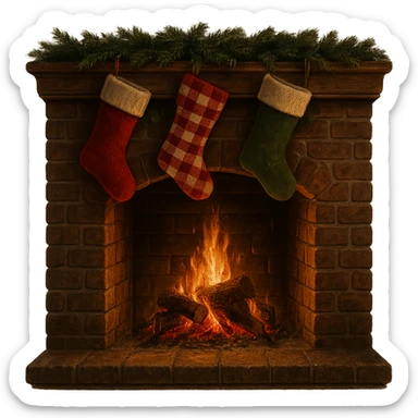 cozy fireplace with stockings, festive and warm sticker