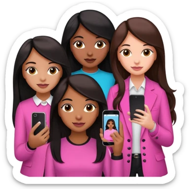 3 brown girl friends with a phone on their hand, one with black long hair, one with brown hair long and the other one with black with brown hair. Wearing pink glammed up  sticker