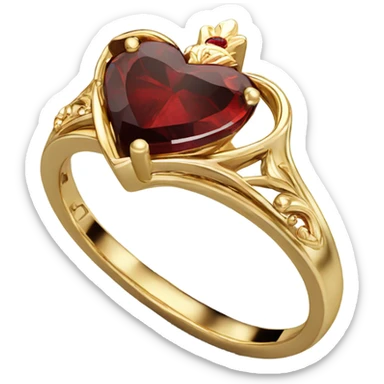 Gold tiara shaped engagement ring with heart shaped garnet stone in center sticker