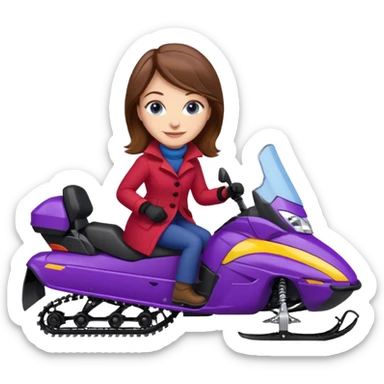 Brown hair, blue eyes, Woman wearing red coat  on purple and yellow snowmobile sticker