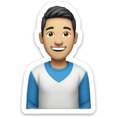 Asian man laughing, blue cloth, big smile,wide shoulder,long sleeve sticker