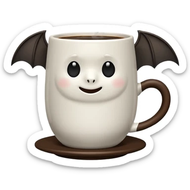 a steaming coffeecup with a bat sitting on it sticker