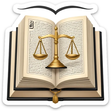 
an open Koran lies, in the center of its pages the scales of justice hover, in the background a mosque is visible, and from the Koran a road diverges, going off into the horizon sticker