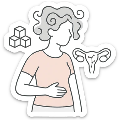 minimalist medical pastel illustration of a female silhouette with abstract PCOS symptoms including swirling hair, sugar cubes, constellation-like ovaries sticker