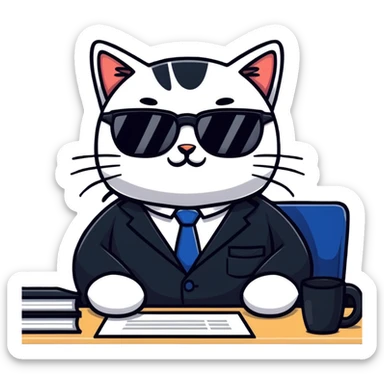 cat wearing glasses and business suit, sitting at office desk looking important sticker