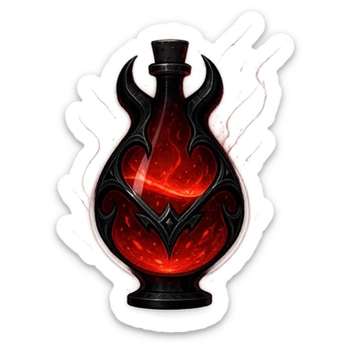modernus prabangus eliksyro buteliukas, raudono demono lašo forma, Discord edgy ir cool stilius, tamsiai raudona spalva, juodi ir sidabriniai ornamentai, labai mažas kaklelis, vientisas dugnas, be šešėlio, plūduriuoja ore, kolekcijos stilius, itin stiprūs magiški švytėjimai ir efektai, skaidrus fonas sticker
