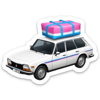 a white peugeot 504 break car with stripped pink and blue bags on the roof sticker