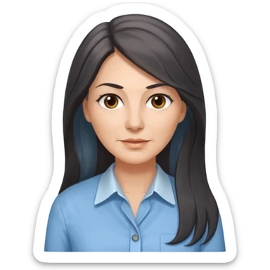 vit 50-årig kvinna med jättelångt mörkbrunt hår med grå/vita slingor bruna ögon ljusblå skjorta med översta knappen uppknäppt sticker