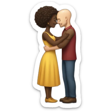 a hug from a black woman in a tight dress to a white man with no hair and a beard sticker