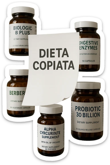 FOGLIO DI CARTA FLUTTUA IN ARIA CON LA SCRITTA "DIETA COPIATA", INSIEME A BARATTOLI DI INTEGRATORI PER CURARE IL SIBO IN ITALIANO, IPERREALISTICO 4K, NON DISEGNATO sticker