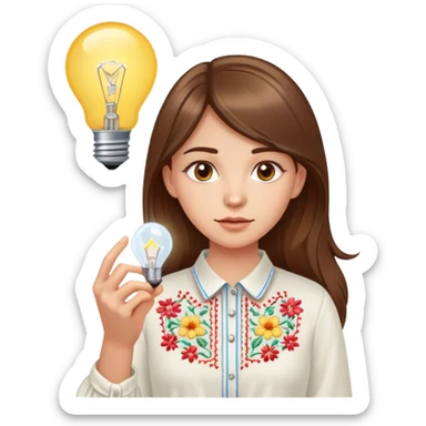 A Ukrainian girl with brown hair in an embroidered shirt holds a light bulb sticker