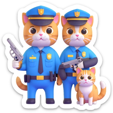 a police officer and a cat, the cat holding a small gun, both looking surprised sticker