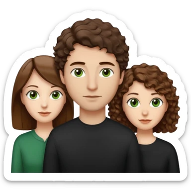 Man in the middle with brown straight hair and green eyes, women next to him with short brown hair with slight waves, tall women on right side with shoulder length curly hair and brown eyes sticker