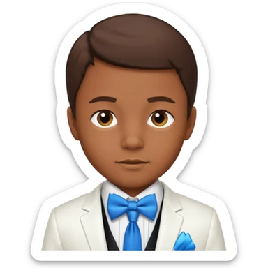 A boy with dark brown skin and I little bit of brown hair and a white tuxedo with a blue tie sticker