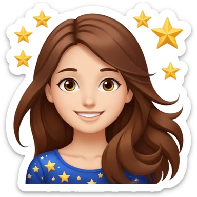 girl with long brown hair, stars in her eyes, brown eyes, beautiful smile, arms in the sky  sticker
