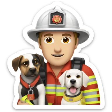 Caucasian Firefighter with a white dog and a black and white dog  sticker