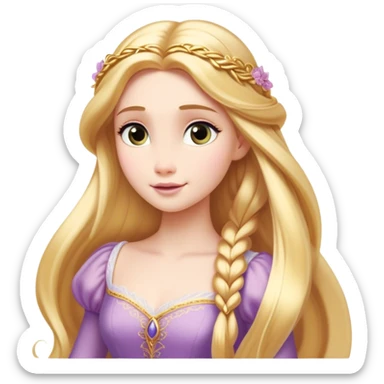 Cinematic Timeless Rapunzel Portrait Emoji, rendered in a clean, vector style. Depict Rapunzel with porcelain skin, beautifully styled long golden hair, and a serene, graceful expression, dressed in her classic gown. The design features bold, clean lines, a soft, magical glow, and a subtle glowing outline that captures her timeless, fairy-tale beauty. sticker