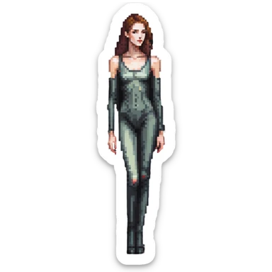 Tall slender woman with elongated arms and legs, sharp angular facial features with high cheekbones and defined jawline sticker