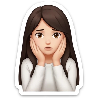  girl ashamed of herself of hiding face in hands with long dark brown hair and a white shirt  sticker
