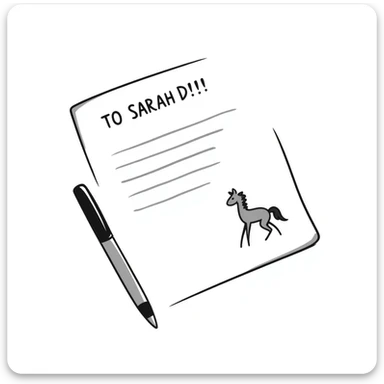 a paper letter with "TO SARAH" text written at the top of the letter, with a pen lying next to it sticker