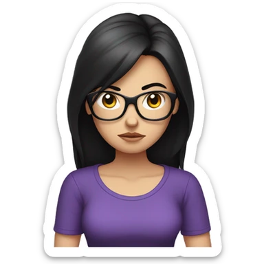 Angry scowling white girl, purple t-shirt, long black hair, wearing glasses, with arms crossed over chest. sticker