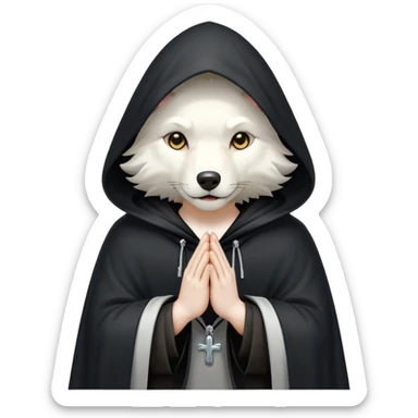 white wolf praying with black hooded cloak sticker