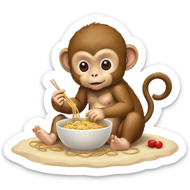 Baby monkey eating noodles on the beach  sticker