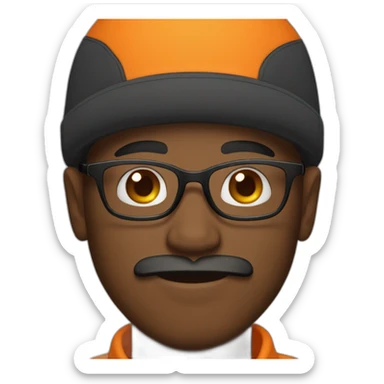 Young black man with a mustache and a goatee wearing glasses and an orange hat  sticker