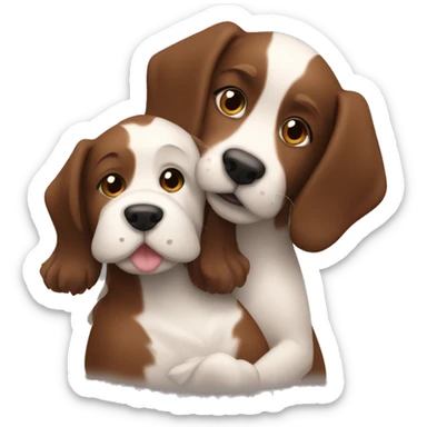 A giro with brown hair hugging a brown and white dog sticker