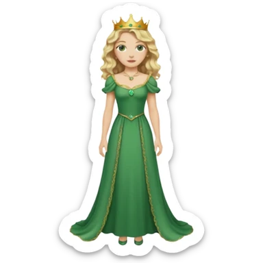 Queen, crown, blonde wavy hair, green eyes, long green narrpw dress, whole Body, sticker