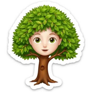 Petit sapin vert sylvestre, féminin, regard malicieux, tâches de rousseurs délicates, joues roses. Yeux de biche brillants en forme amande, yeux couleur ambre, tronc couleur acajou. Sapin en mouvement, incurvé pour un effet vivant. sticker