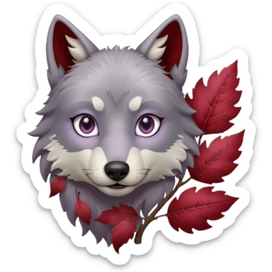 A wolf with lilac gray eyes and holding a weirwood leaf sticker