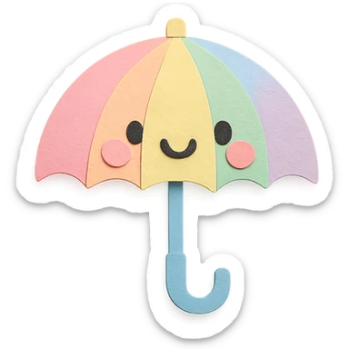 kawaii pastel rainbow umbrella with smiling face, no arms, no legs, full body, soft pastel kawaii paper craft style sticker