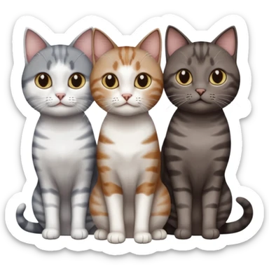 3 different coloured short haired cats including; a dark brown tabby and white cat, and a dark grey and white  sticker