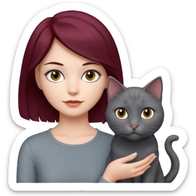 femme au cheveux court bordeau, yeux gris,  avec chat poils longs gris clair et chat poils ras noirs sticker