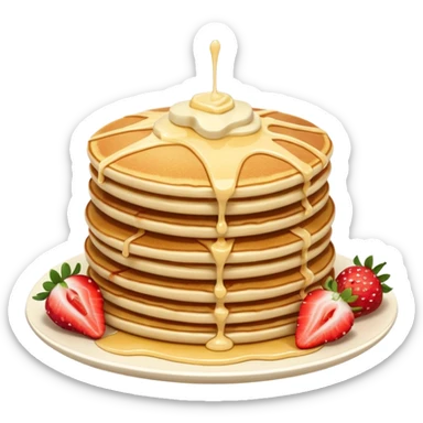 a stack of 3 pancakes with melted white chocolate drizzle on the top pancake and strawberries sticker