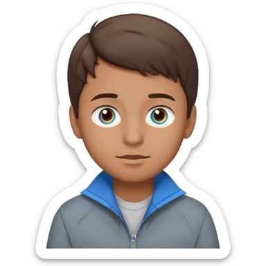 Fais-moi un garçon avec la peau bronzée les yeux bleus qui portent une veste grise avec les cheveux marrons version emoji sticker
