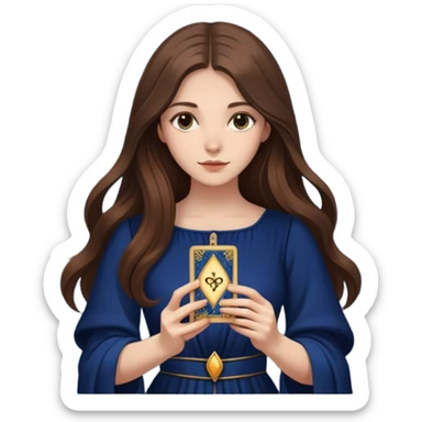 A girl with long hair, in a dark blue dress holds tarot cards in her hands sticker