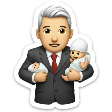 A businessman with 2 babies. Each baby is biting his hand sticker