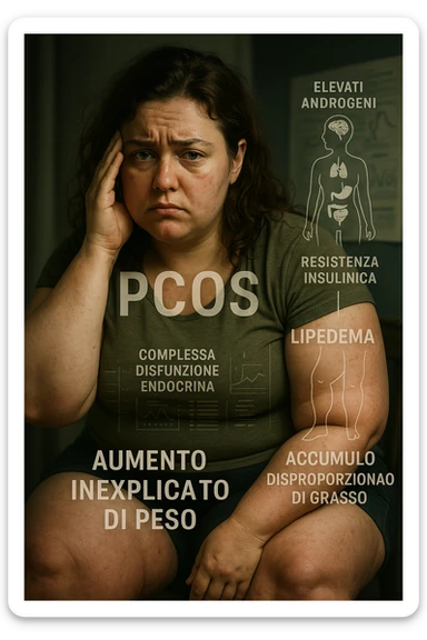 cinematic realistic Woman with PCOS struggling with hormonal chaos, transparent overlay showing elevated androgens and insulin resistance affecting her body, lipedema causing disproportionate fat accumulation in legs and arms despite normal torso, expression of frustration with unexplained weight gain, medical charts showing complex endocrine dysfunction, painful swollen limbs contrasting with metabolic confusion scrivi i testi in italiano sticker